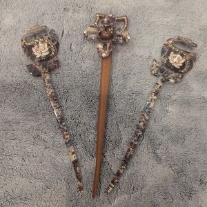 ⭐READ!!! Vintage Art Deco Celluloid Rhinestone Floral Hair Sticks Set